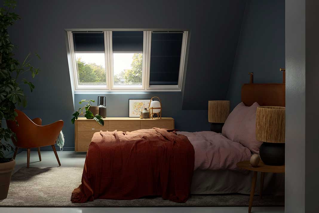 Bild von Schlafzimmer mit VELUX Sonnenschutz