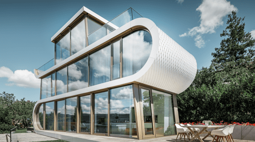 Das Flexhouse in der Frontansicht: eine geschickte Mischung aus Glas, Holz und Dachrautenfassade.