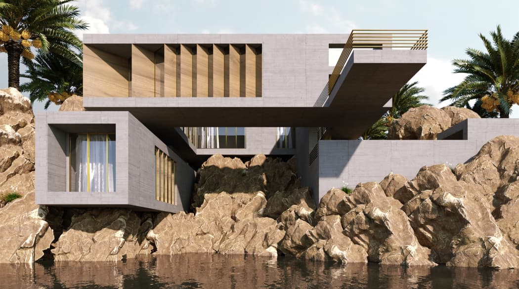 Das Rocky Shore House von Wafai, ein kubistischer Bau auf felsigem Flussufer.