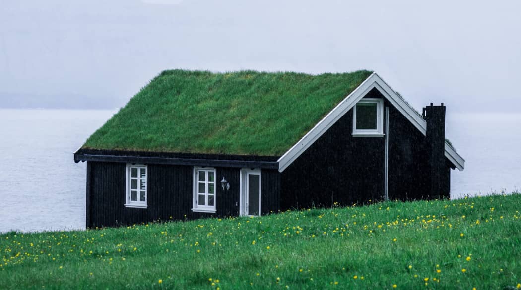 Satteldach: ein dunkles Holzhaus mit grasbewachsenem Dach