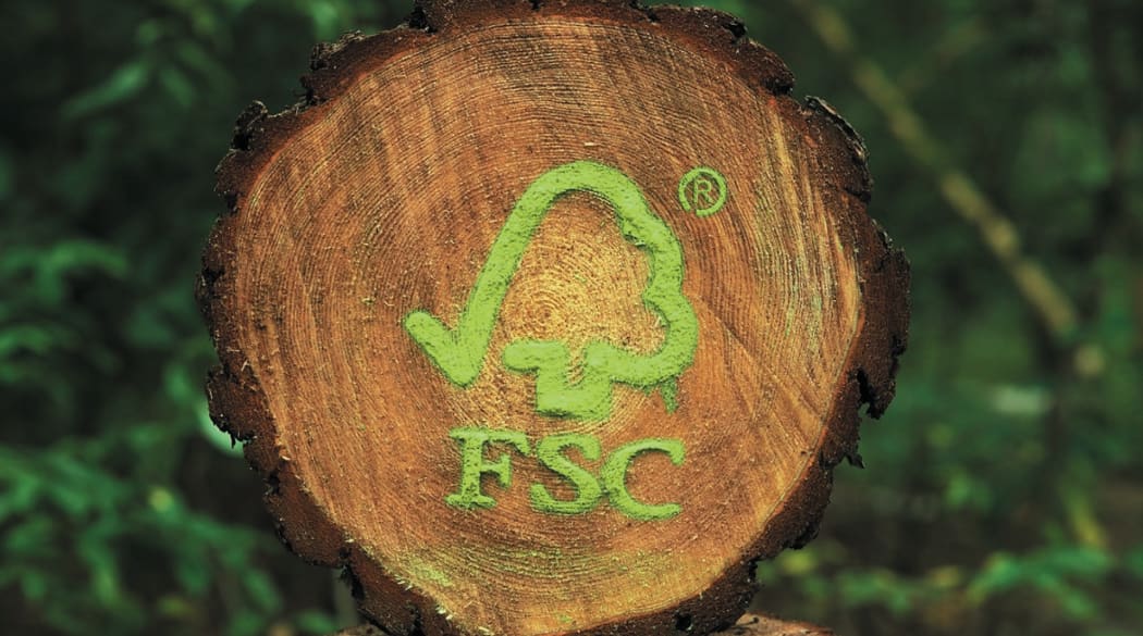 Querschnitt eines Baumstammes mit grünem FSC-Logo